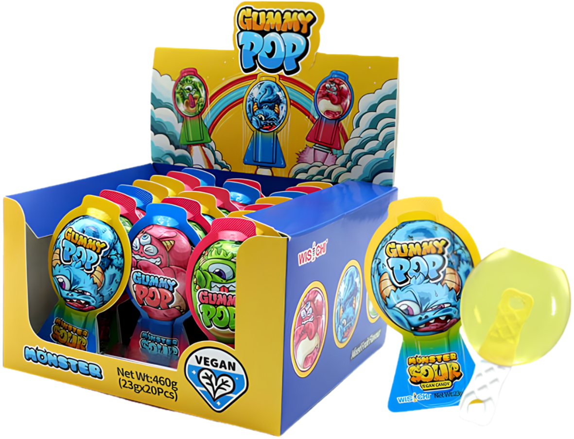 Box of Gummy Pop monster sour vegan candies with colorful monster illustrations on the packaging and individual candies outside the box.