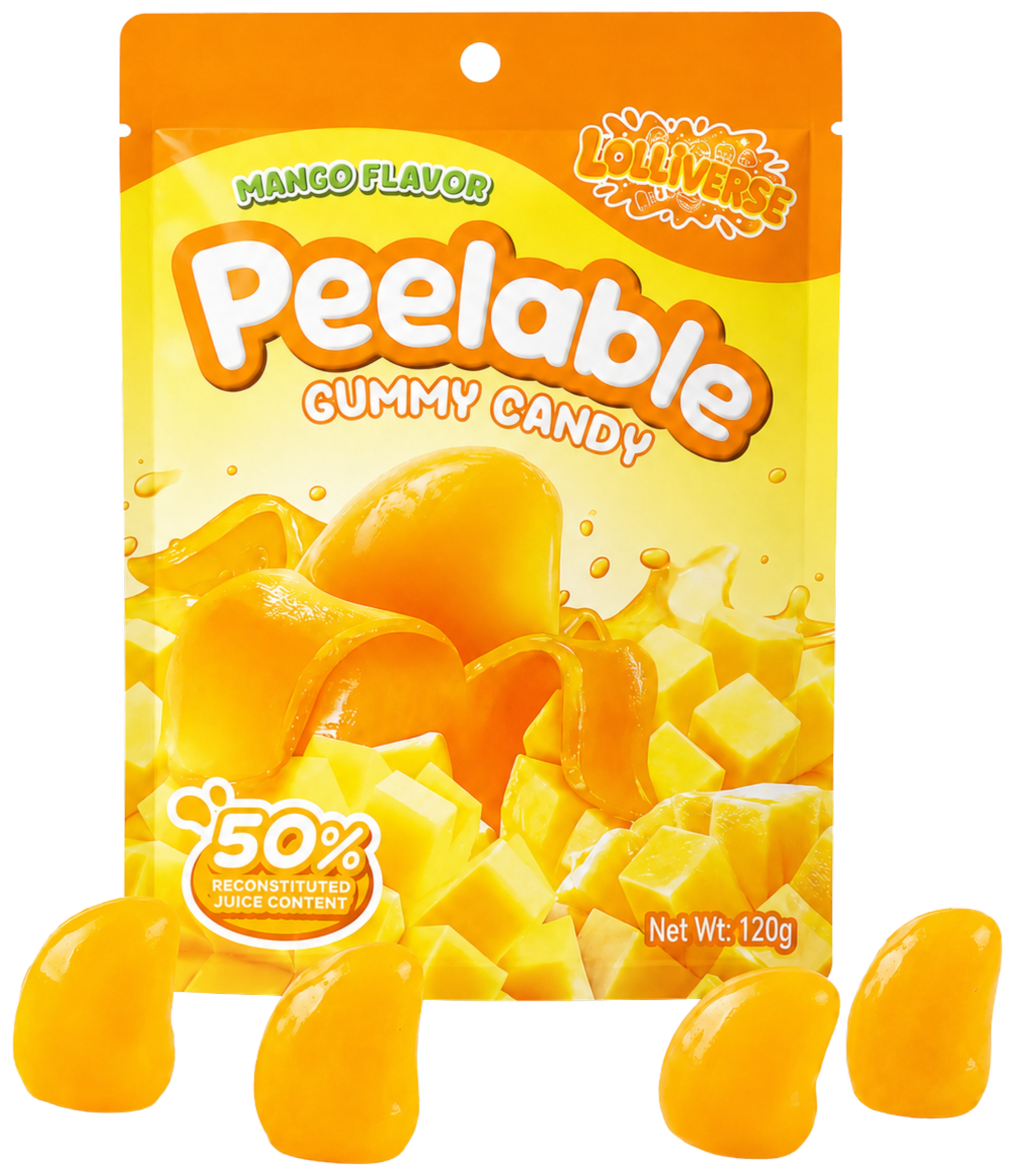 Package of Peelay mango flavored gummy candies with a bright yellow and orange design, displaying peeled mango candies and a label indicating 50% reconstituted juice content, weighing 120 grams.
