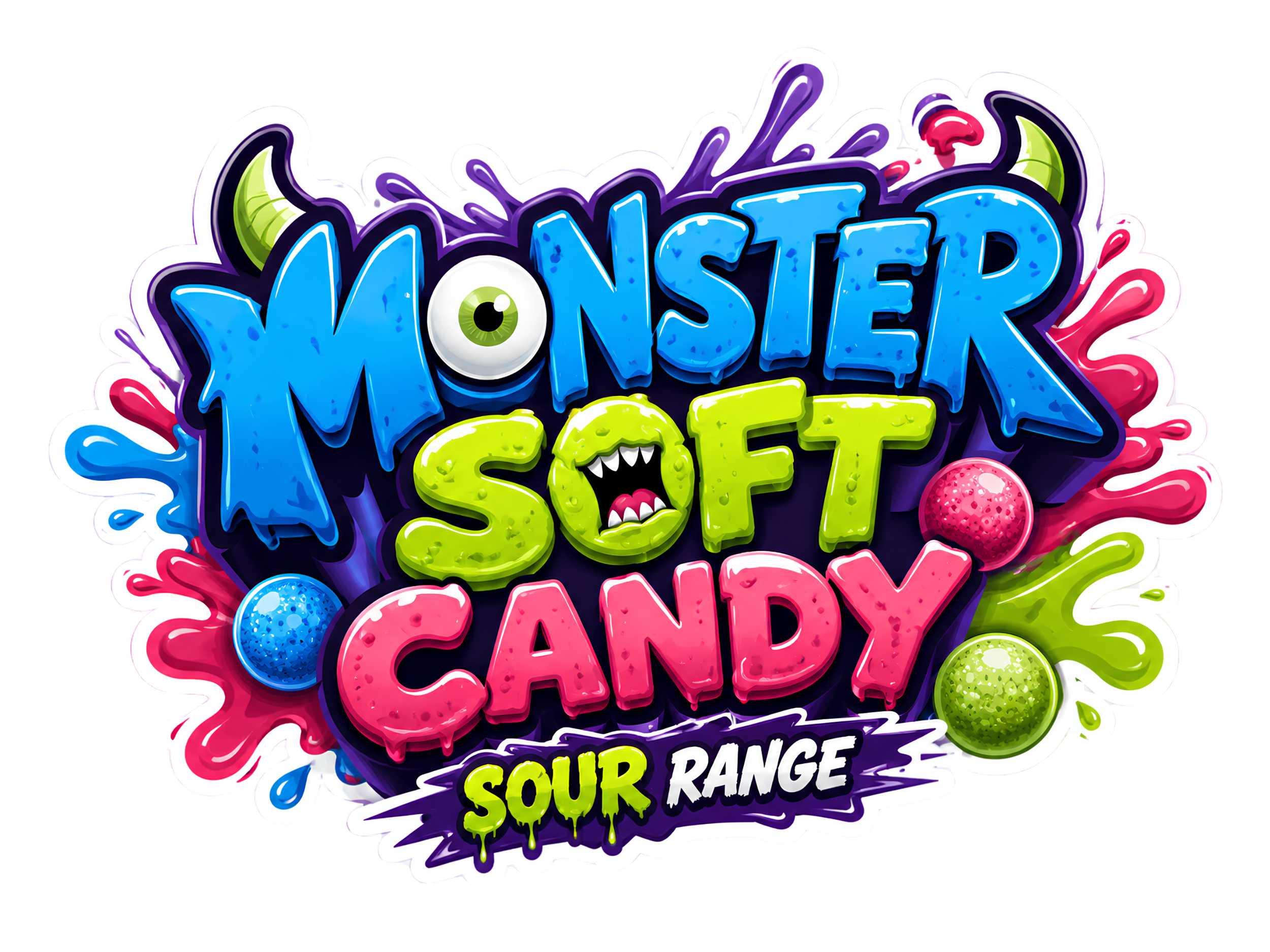 Colorful sticker with graffiti-style text that reads "Monster Shot Sour Range Candy". The design includes a cartoon monster face, various vibrant colors, and splashes of paint.