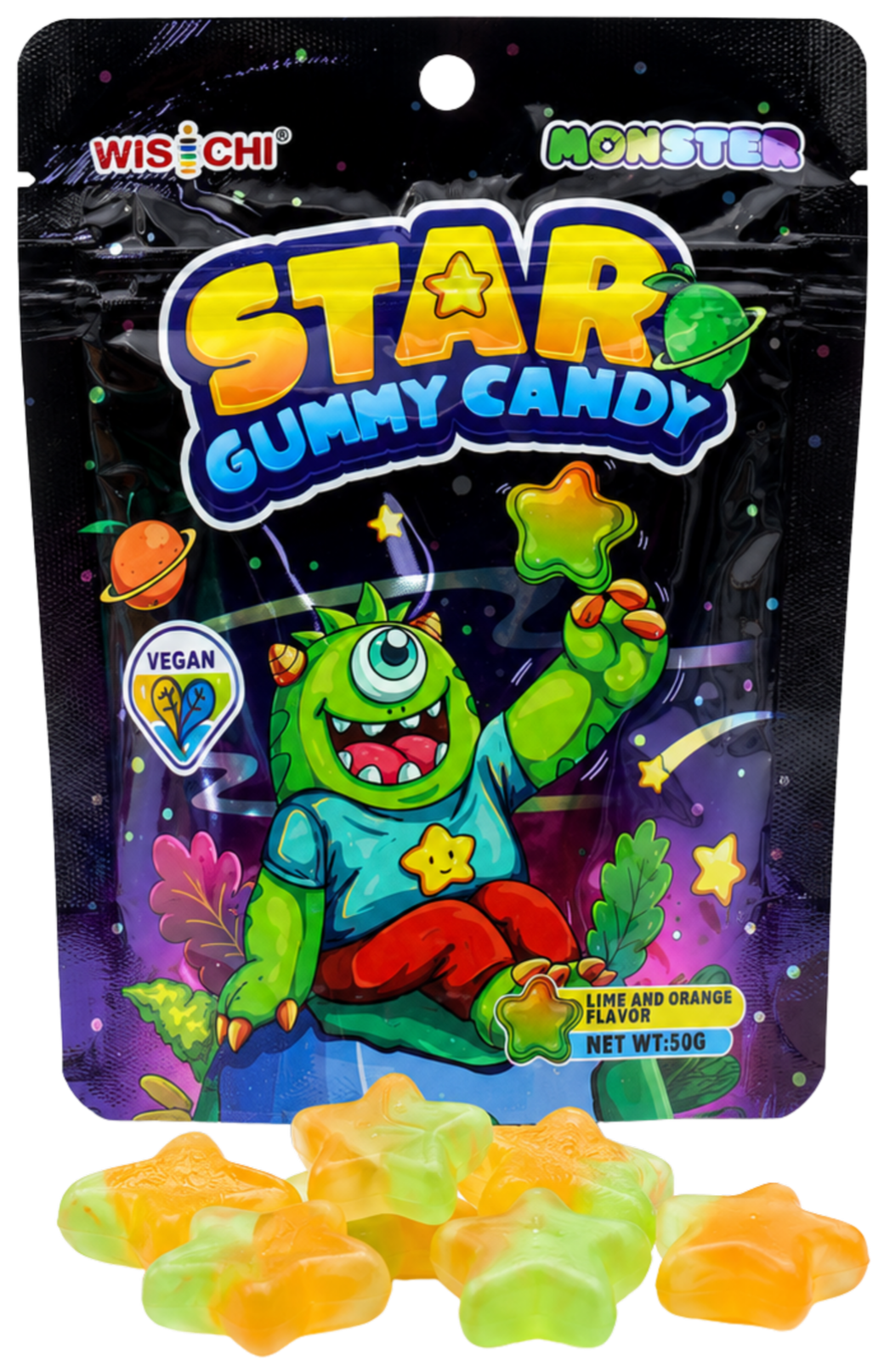 Colorful space-themed candy package featuring a one-eyed green monster holding a star-shaped gummy, surrounded by planets, stars, and rockets. The packaging states "Star Gummy Candy," is vegan, and has a lime and orange flavor.