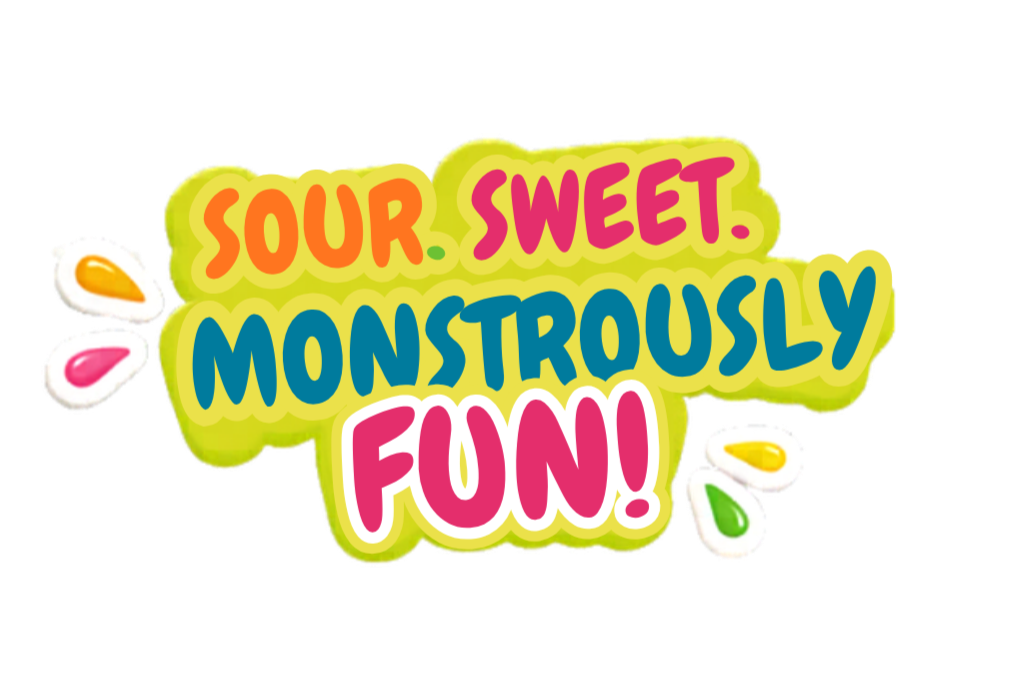 Colorful text reads 'Sour Sweet. Monstrously Fun!' with illustrations of sour candies around it.
