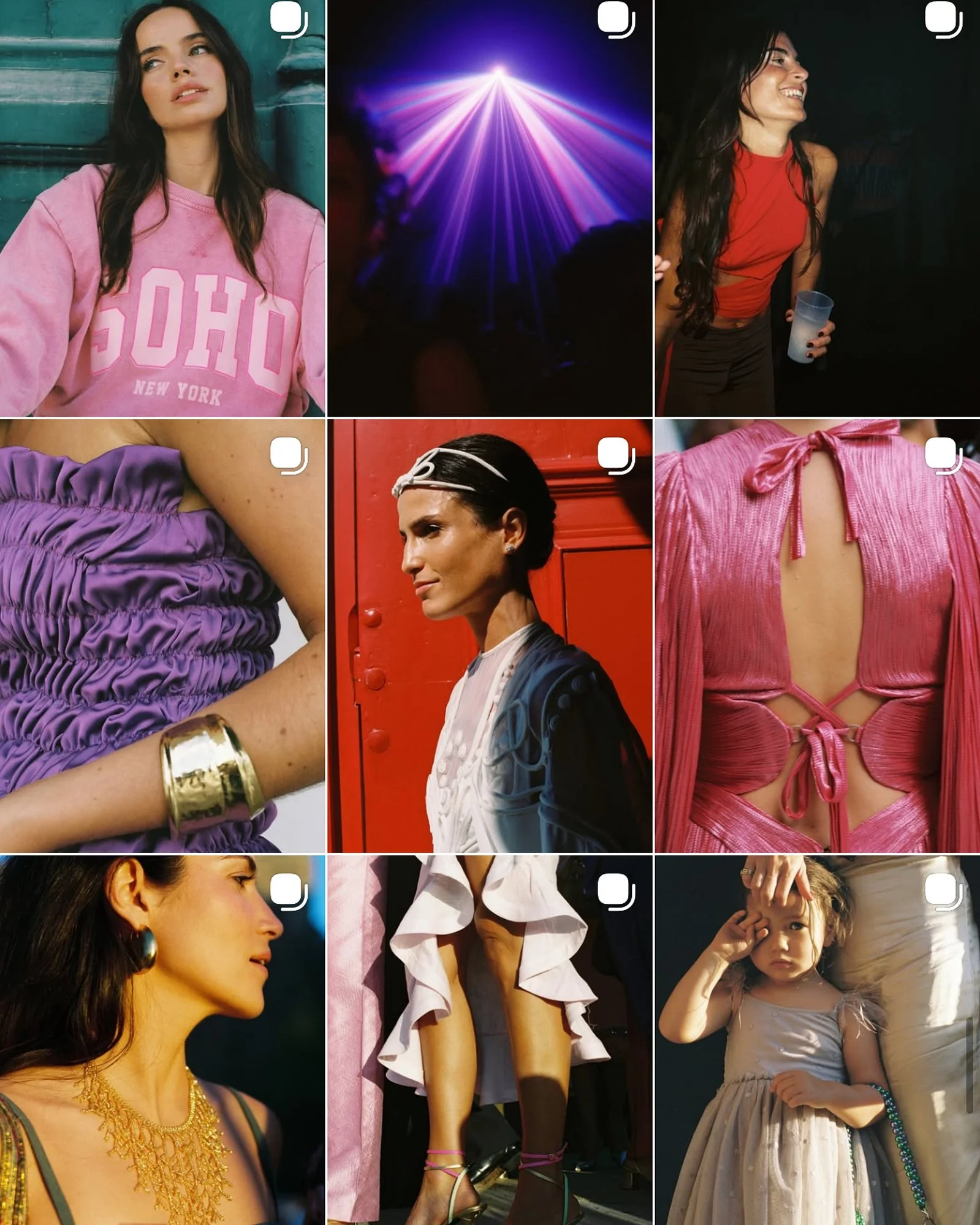 Collage of nine images displaying fashion and social scenes, including portraits of women, a vibrant light show, and close-up details of clothing and accessories.