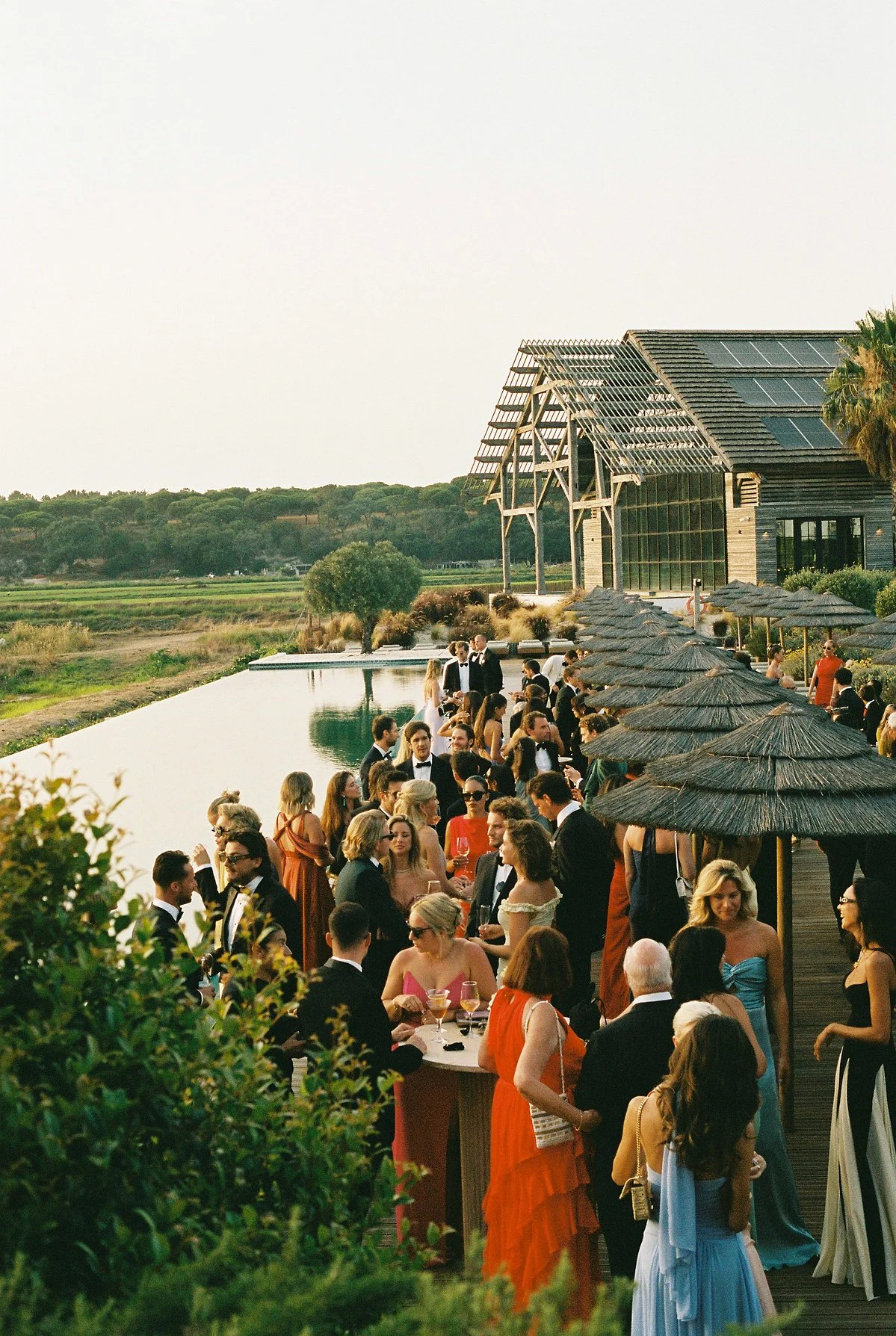 People dressed in formal attire at an outdoor event around a pool, with thatched umbrellas and a scenic rural background.