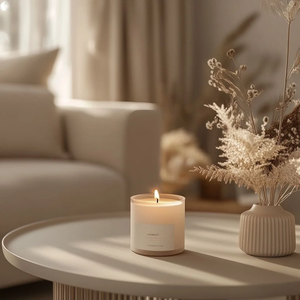 Lit candle and dried flowers on a coffee table in a warm, peaceful living room.