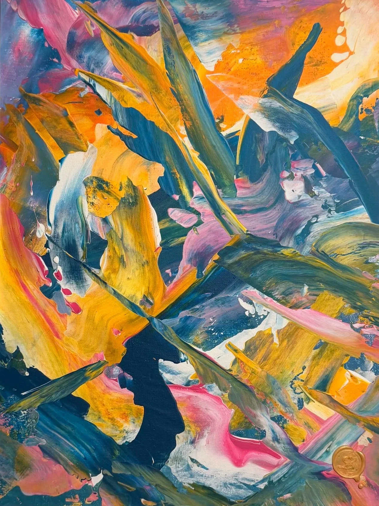 Abstraktes Werk mit kraftvoll ineinandergreifenden Bewegungen in Blau, Gelb, Orange, Pink, Grün und Weiß, in dem sich Spannung und Leichtigkeit begegnen.