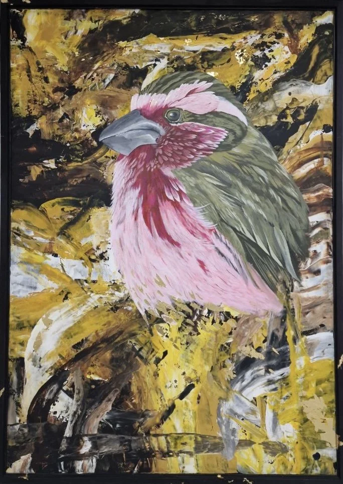 Zeitgenössisches Gemälde eines Rosenfink mit markantem rosa Gefieder, eingebettet in eine vielschichtige Komposition aus Gold, Schwarz, Ocker und hellen Akzenten.
