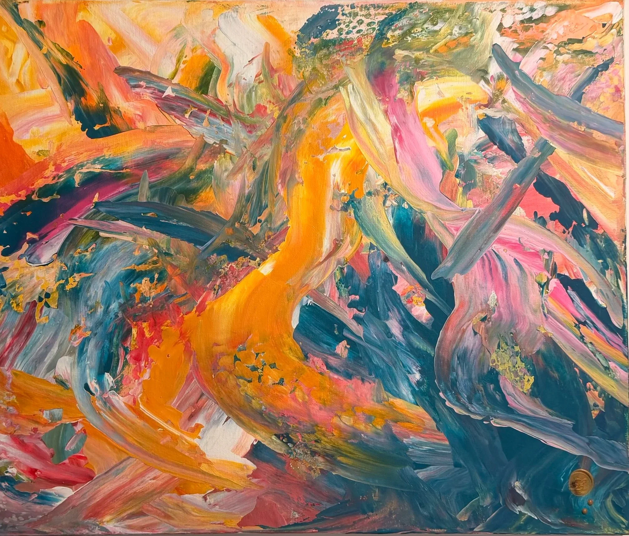 Abstraktes Gemälde mit fließenden, dynamischen Farbflächen in Orange, Rosa, Gelb, Blau und Grün.