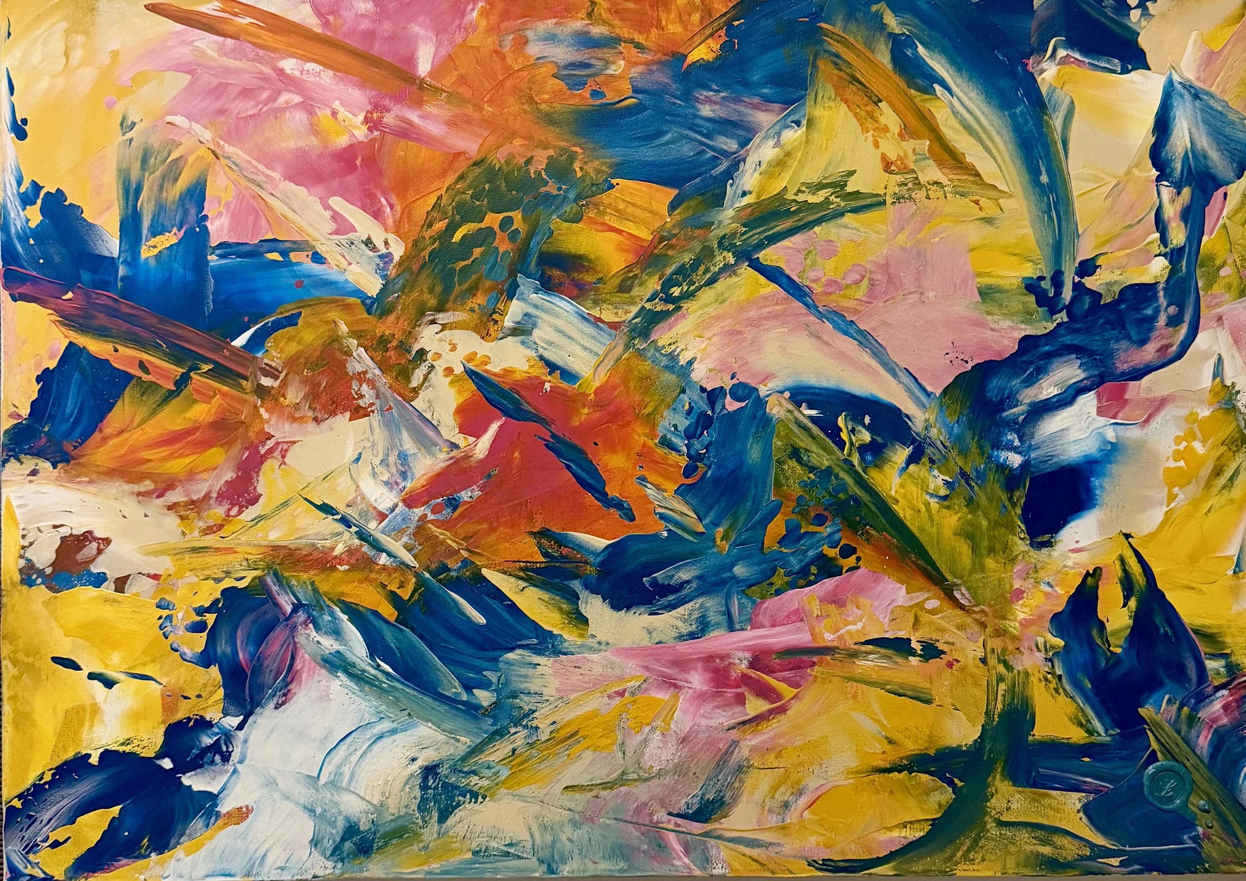 Abstraktes zeitgenössisches Gemälde mit kraftvollen Farbbewegungen in Blau, Gelb, Orange, Pink und  Weiß.