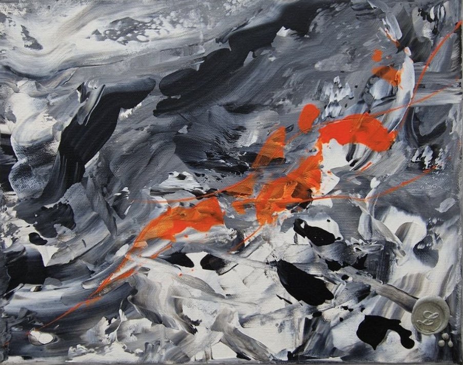Abstraktes Gemälde mit fließenden und gestischen Farbflächen in Schwarz, Grau, Weiß und leuchtendem Orange.