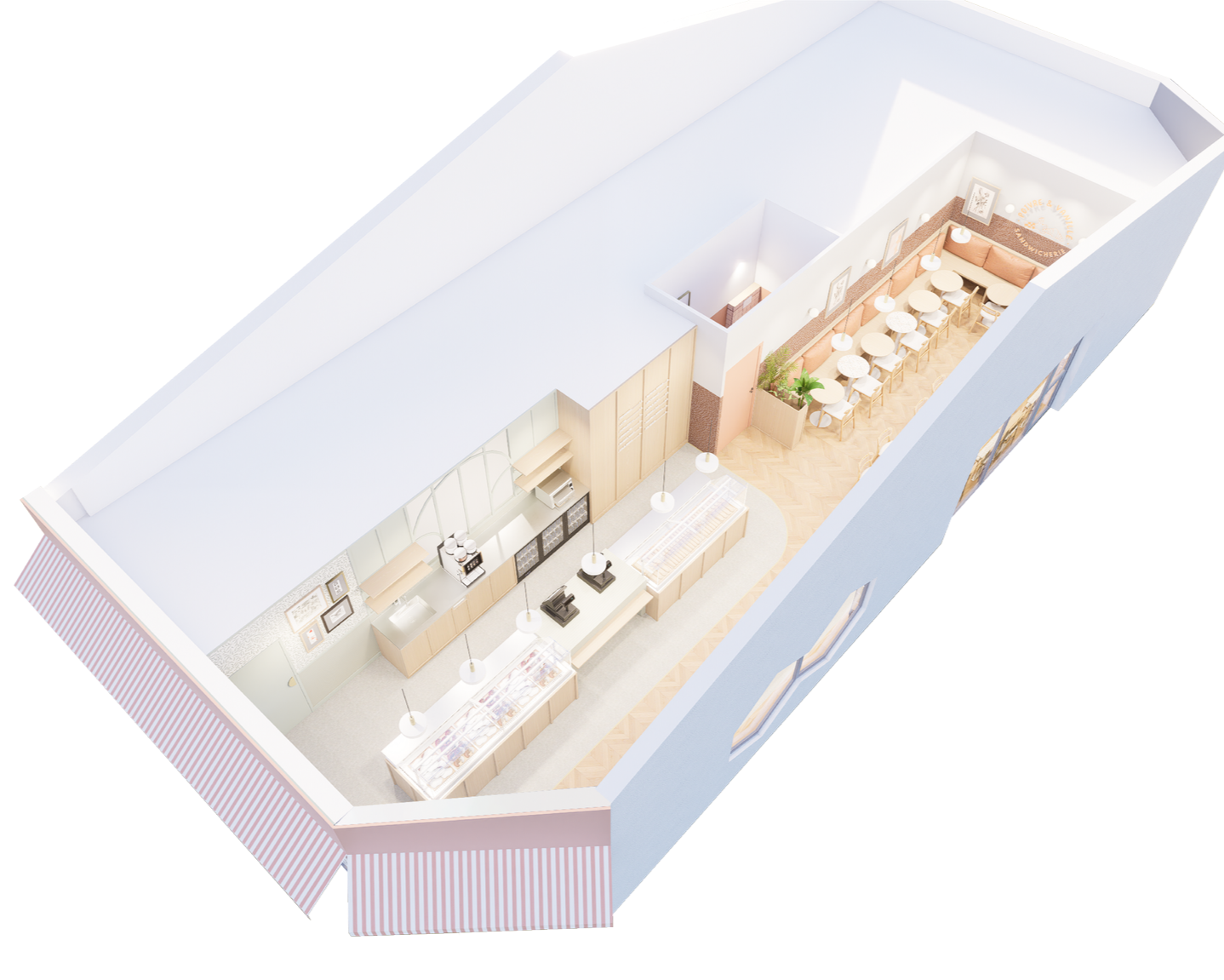 Aménagement intérieur d'un café ou restaurant avec comptoir, zones de préparation, et espace de restauration avec tables, chaises et décor moderne.