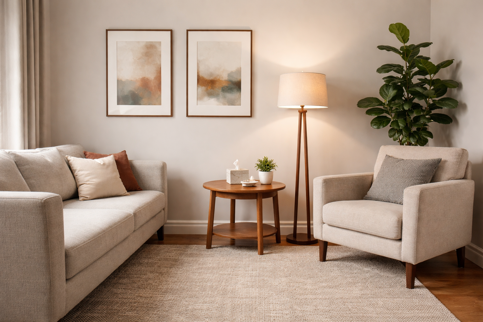 Living room with beige sofa and armchair, wooden side table with plant and tissue box, tall floor lamp, two abstract wall art pieces, and large green houseplant.