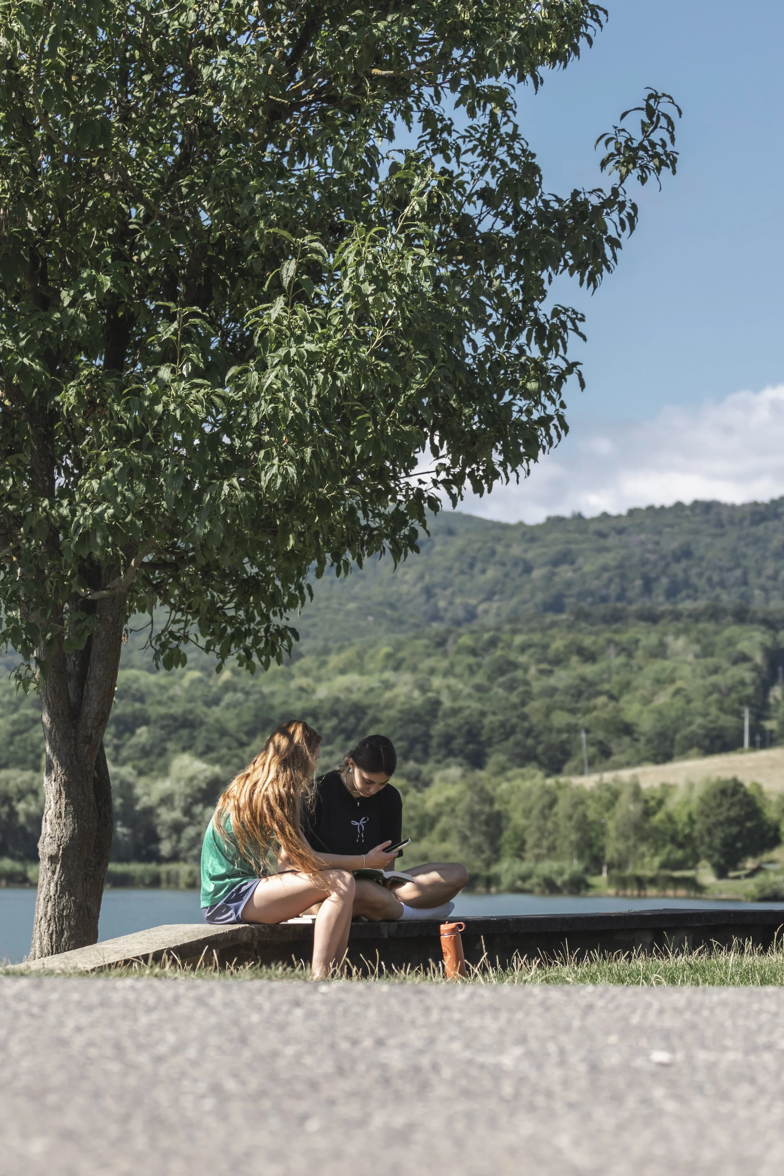 Two young women sitting together on a concrete bench under a tree, looking at a phone, with a scenic landscape of hills and a lake in the background on a sunny day.