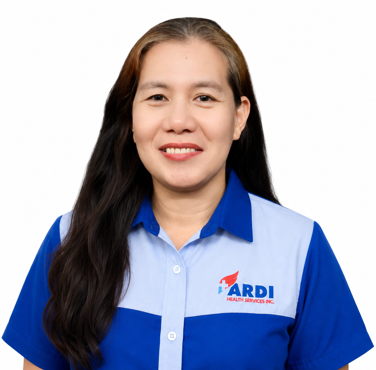 Portrait of a woman with long dark hair wearing a blue and light blue collared shirt with a logo that reads ARDI Health Services Inc.