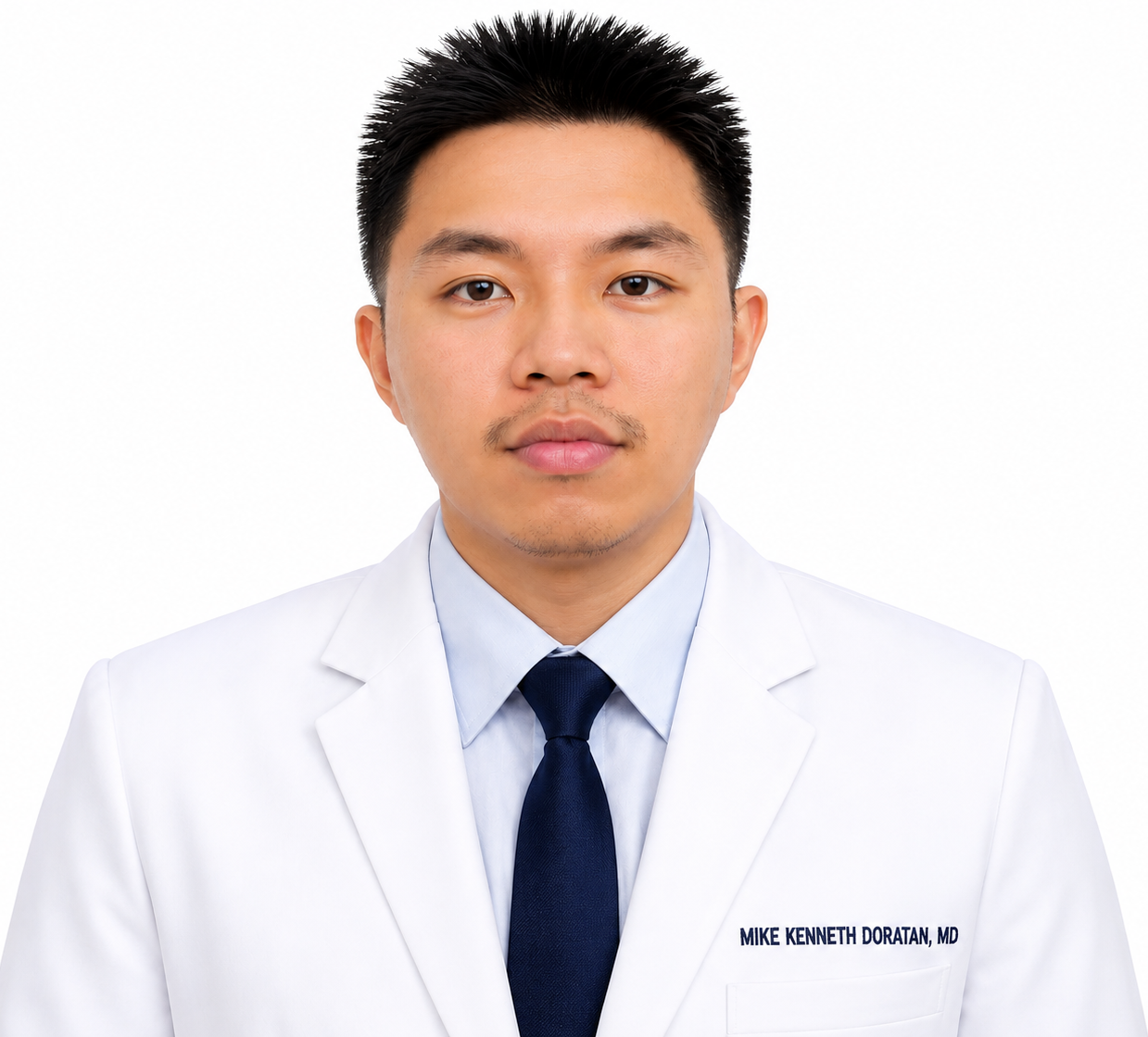 Professional portrait of a young male doctor with short black hair, light mustache, wearing a white lab coat with name tag, light blue dress shirt, dark blue tie, against a plain white background.