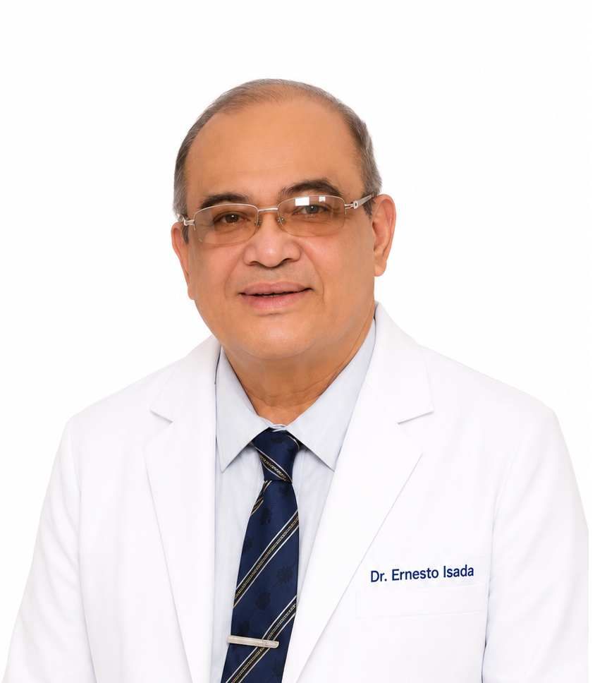 Professional portrait of Dr. Ernesto Isada in a white lab coat and glasses, smiling against a plain white background.
