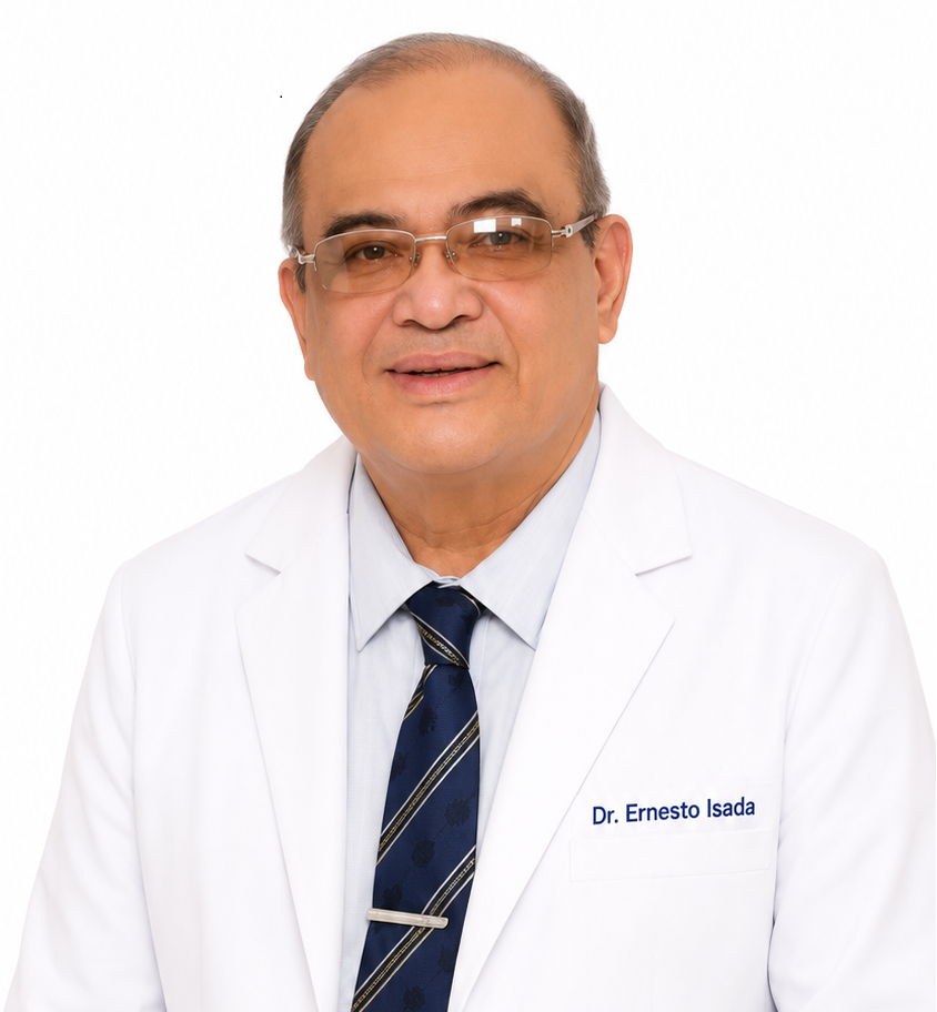 Portrait of a middle-aged man in a white medical coat and glasses, with a name tag reading Dr. Ernesto Isada, against a plain white background.