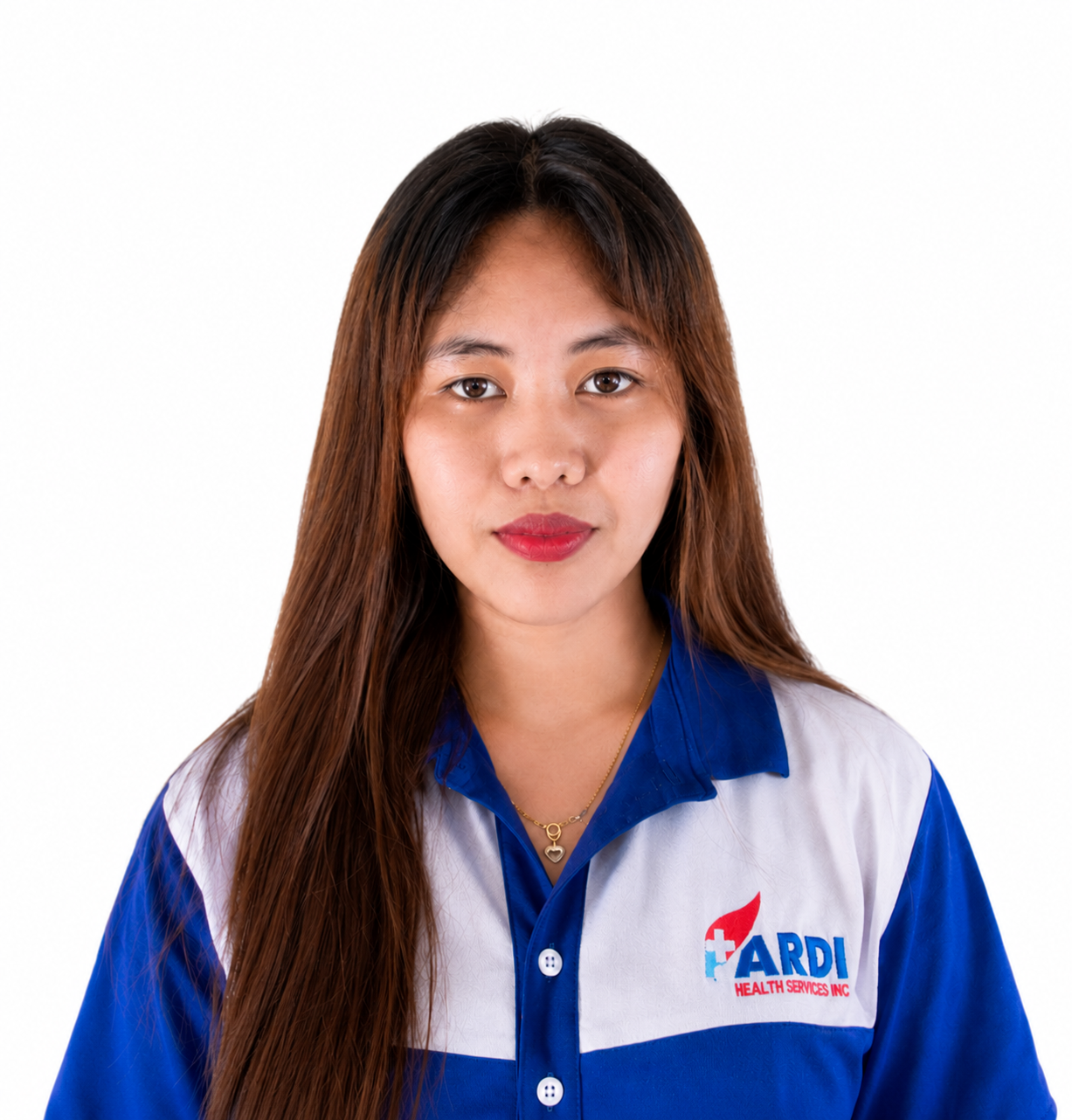 Portrait of a woman with long brown hair wearing a blue and white ARDI Health Services Inc uniform, against a plain white background.