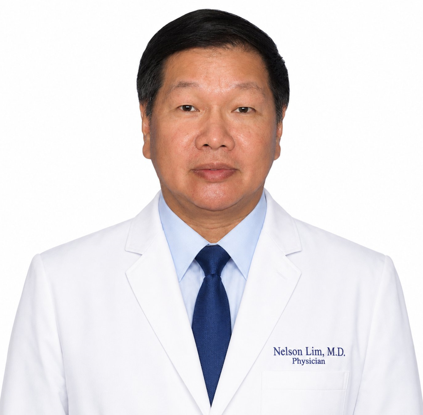 Portrait of Dr. Nelson Lim in a white medical coat with his name and title embroidered, wearing a blue tie, against a plain white background.