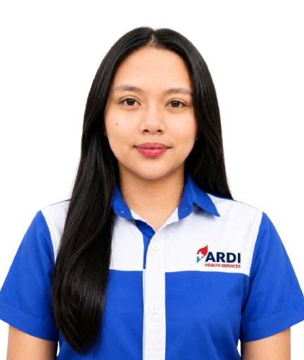 A young woman with long black hair wearing a blue and white uniform with 'ARDI' logo, standing against a white background.