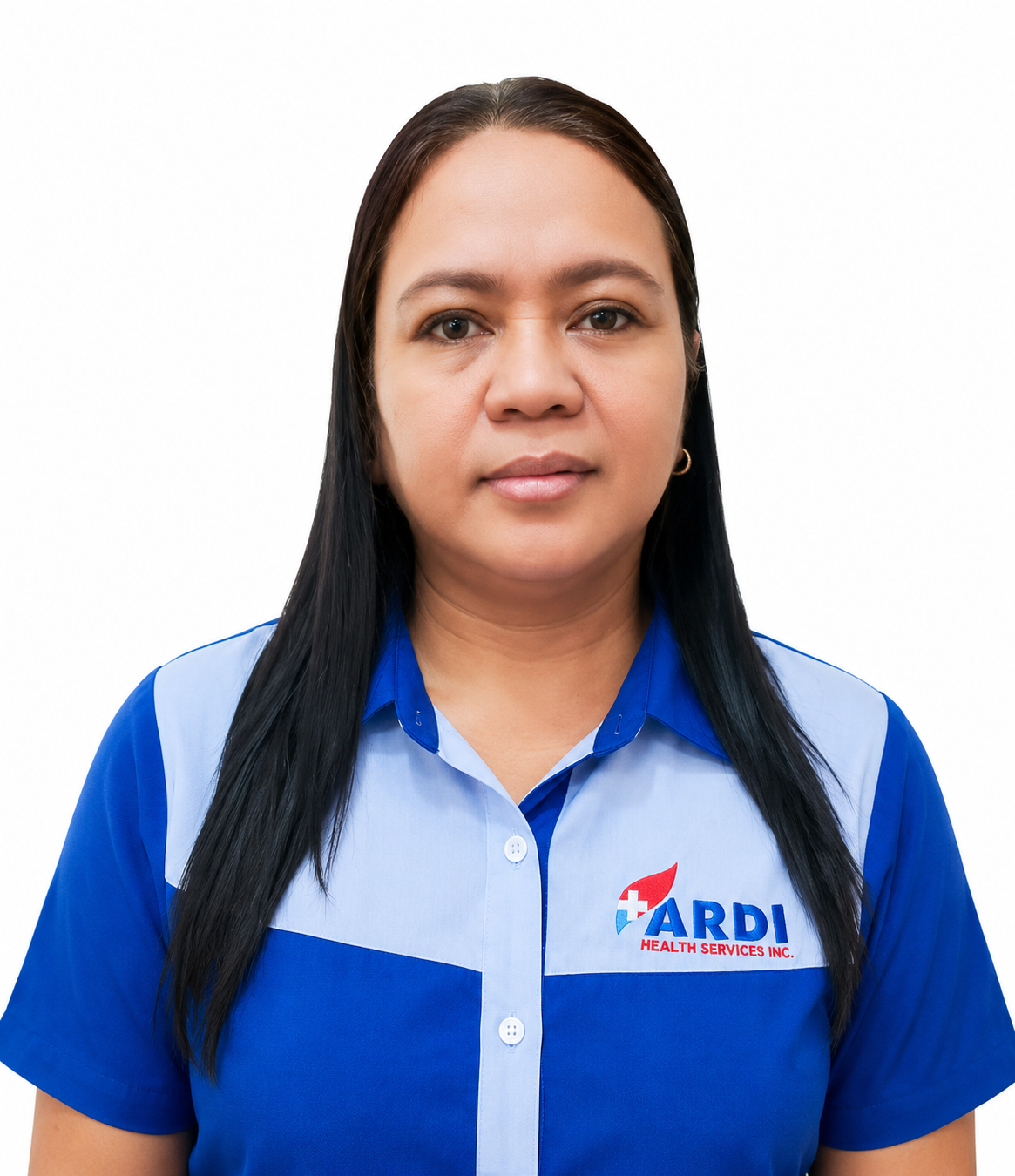 A woman with long black hair wearing a blue and white collared shirt with the ARDI Health Services logo, standing against a plain white background.