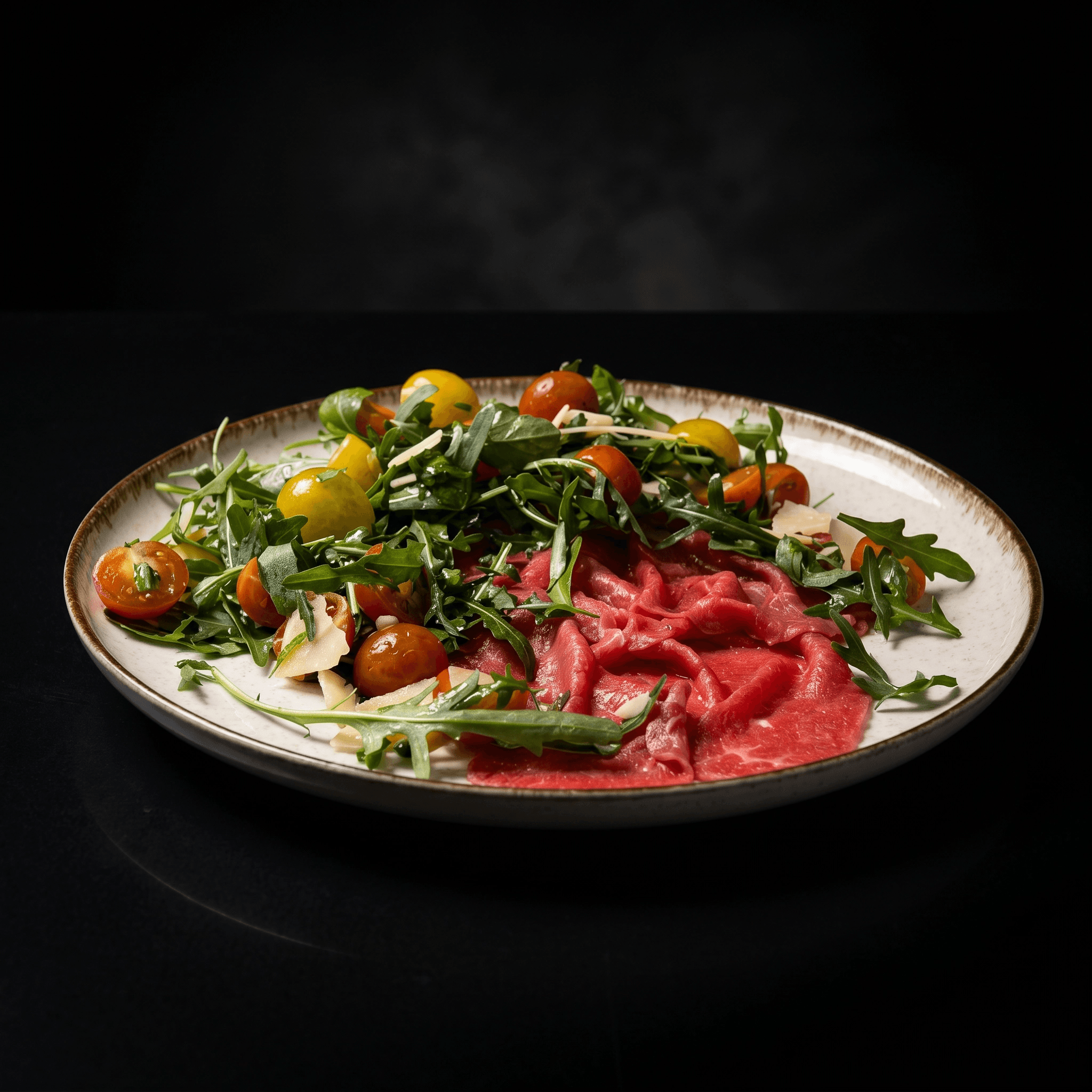 A plate of fresh salad with cherry tomatoes, arugula, and shaved cheese against a black background.