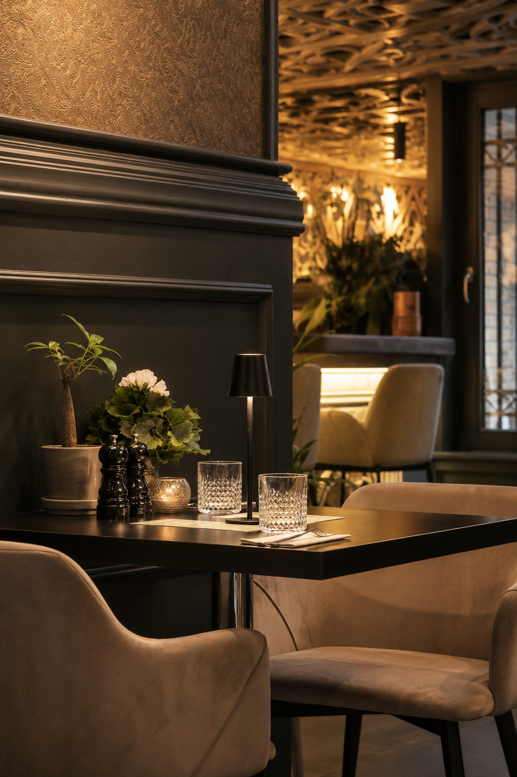 A cozy restaurant table setting with two glasses, a small black lamp, a potted plant with a white flower, and salt and pepper shakers, in a warmly lit interior with beige chairs and decorative wooden walls.