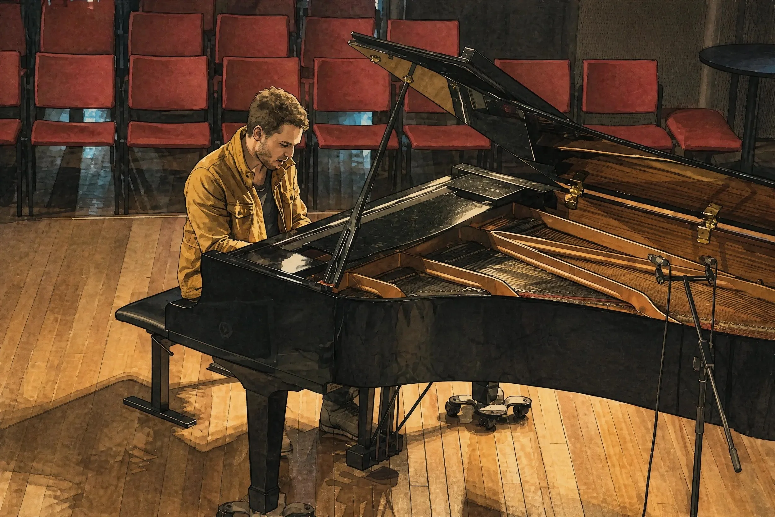 A man playing a grand piano on a wooden stage with empty red chairs in the background.