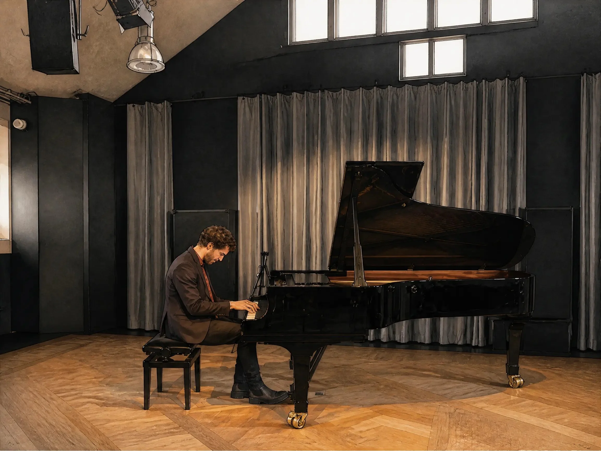 A man playing a grand piano on a stage with wooden flooring, black curtains and a large window in the background.