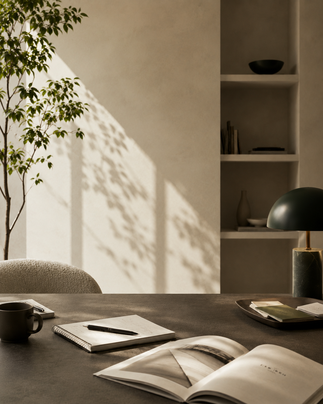 Warm minimalist workspace with a notebook, open magazine, coffee mug, green desk lamp and soft plant shadows, reflecting Brod Nest’s thoughtful approach to talent and culture.
