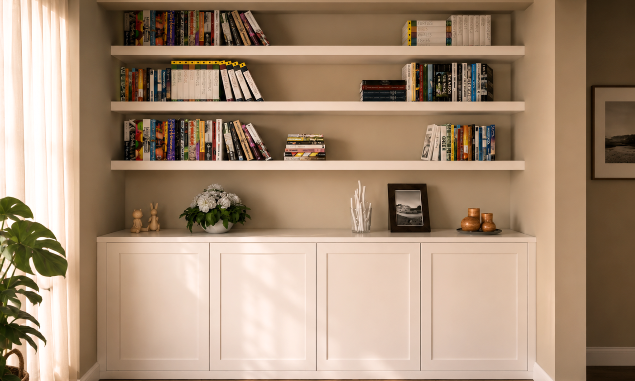3D visual example of made-to-measure MDF cupboards and shelves in a room setting.
