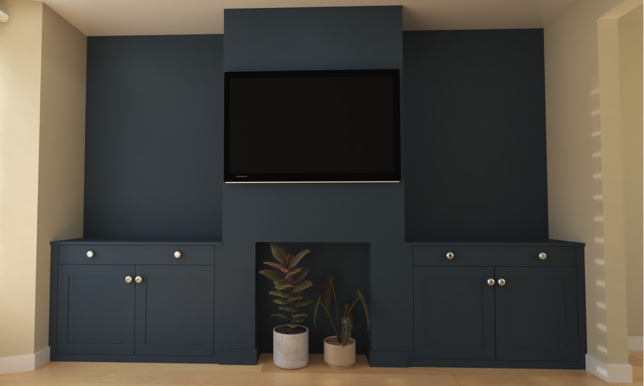 3D visual example of made-to-measure MDF cupboards and shelves in a room setting.