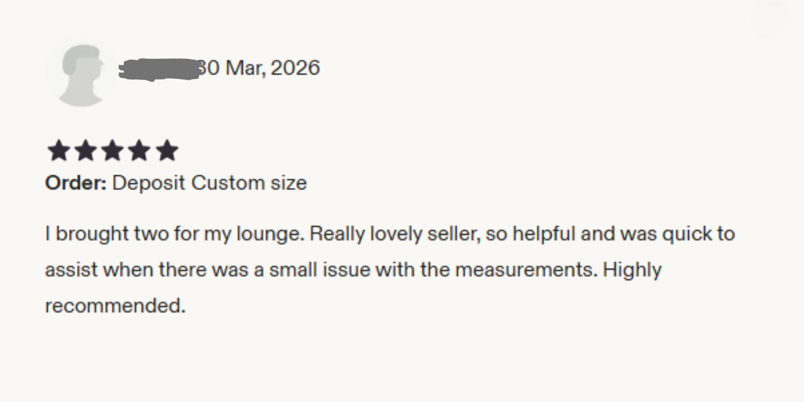 Five-star Etsy customer review for a custom MDF furniture order by HDCraftArt.