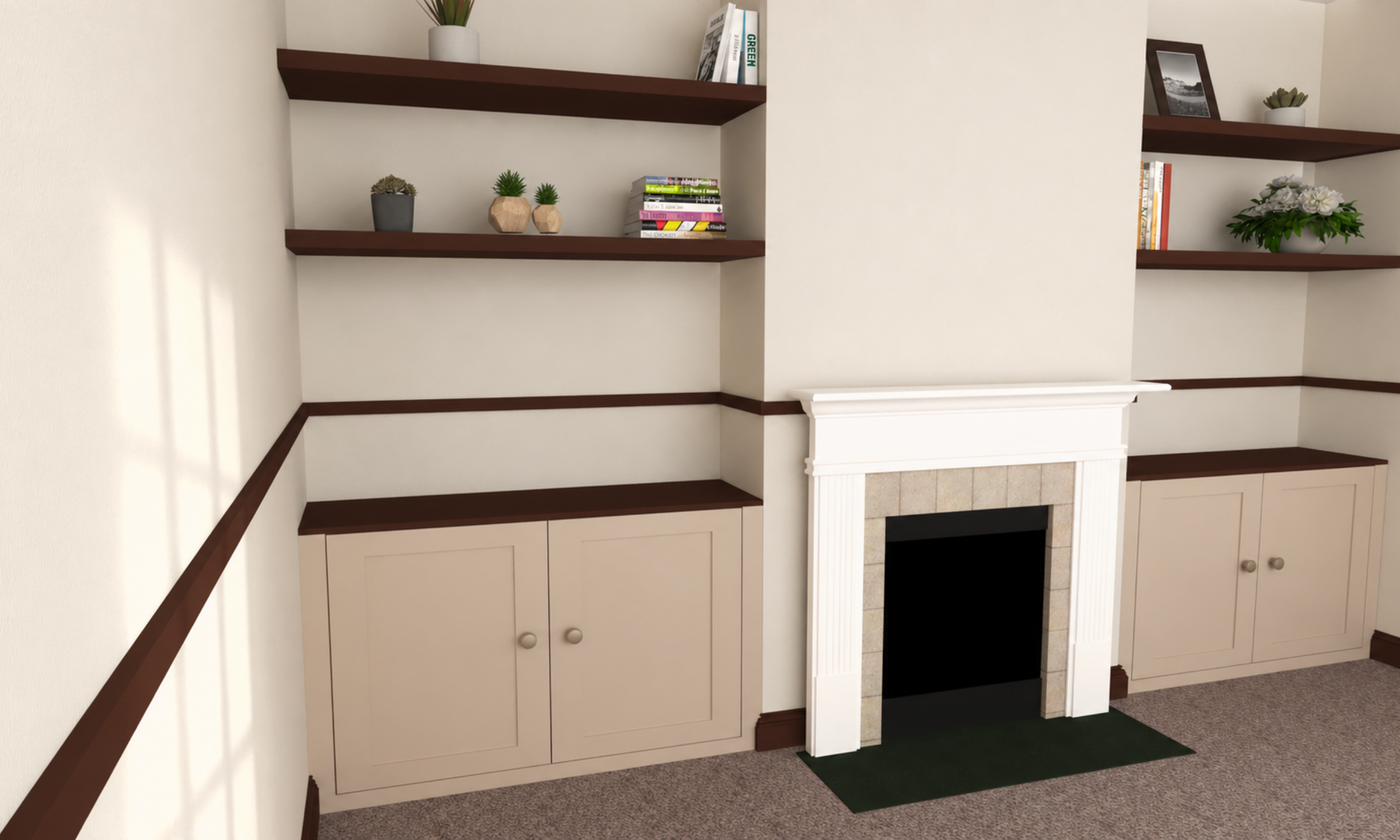 3D visual example of made-to-measure MDF cupboards and shelves in a room setting.