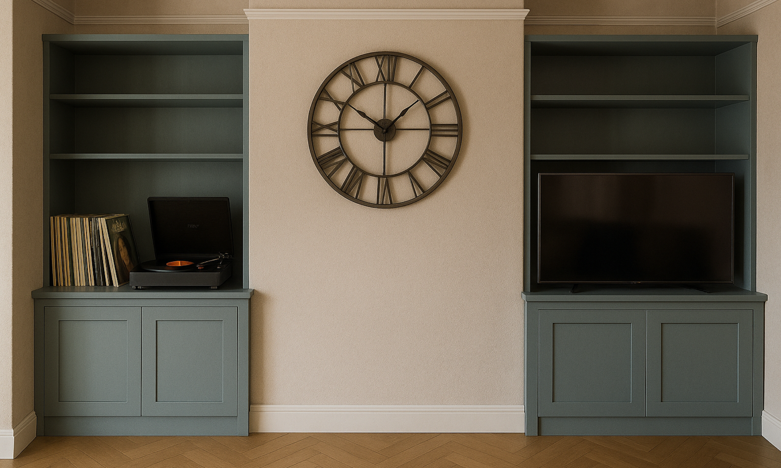3D visual example of made-to-measure MDF cupboards and shelves in a room setting.