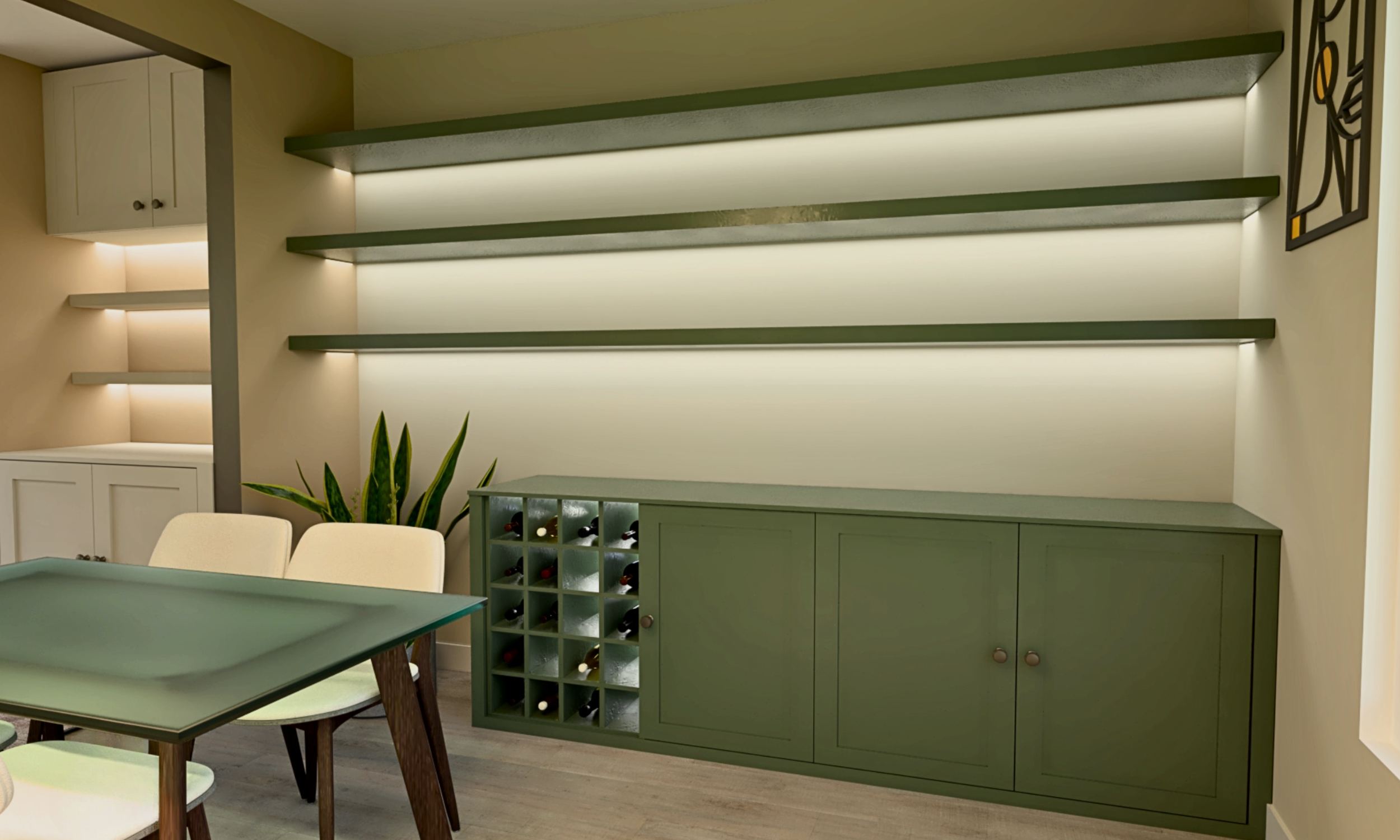 3D visual example of made-to-measure MDF cupboards and shelves in a room setting.