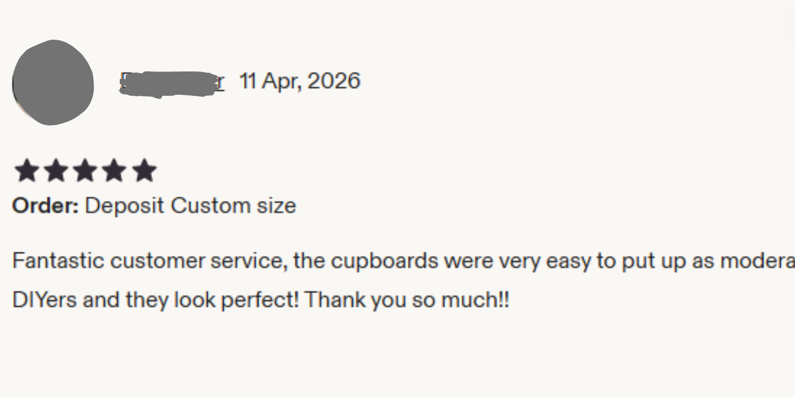 Five-star customer review for made-to-measure MDF cupboards, including feedback about assembly and customer servic