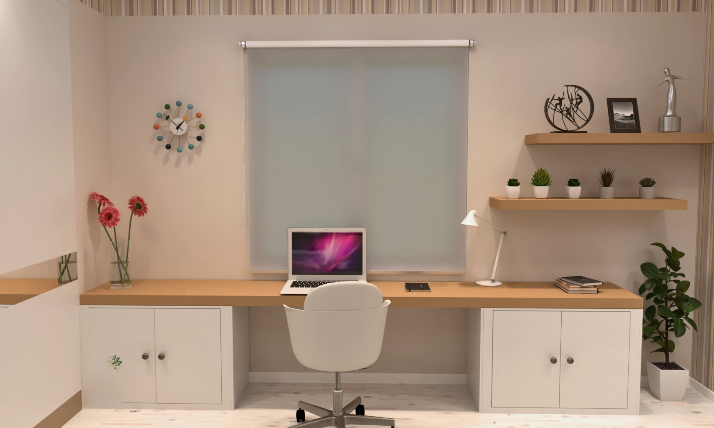 3D visual example of MDF shelving and built-in storage in an alcove space.