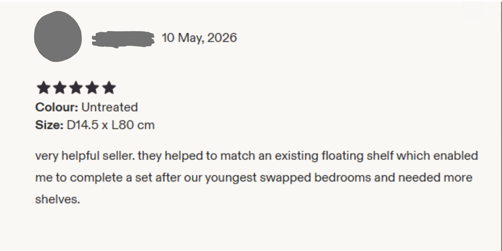 Five-star Etsy customer review for a made-to-measure MDF shelving unit by HDCraftArt.
