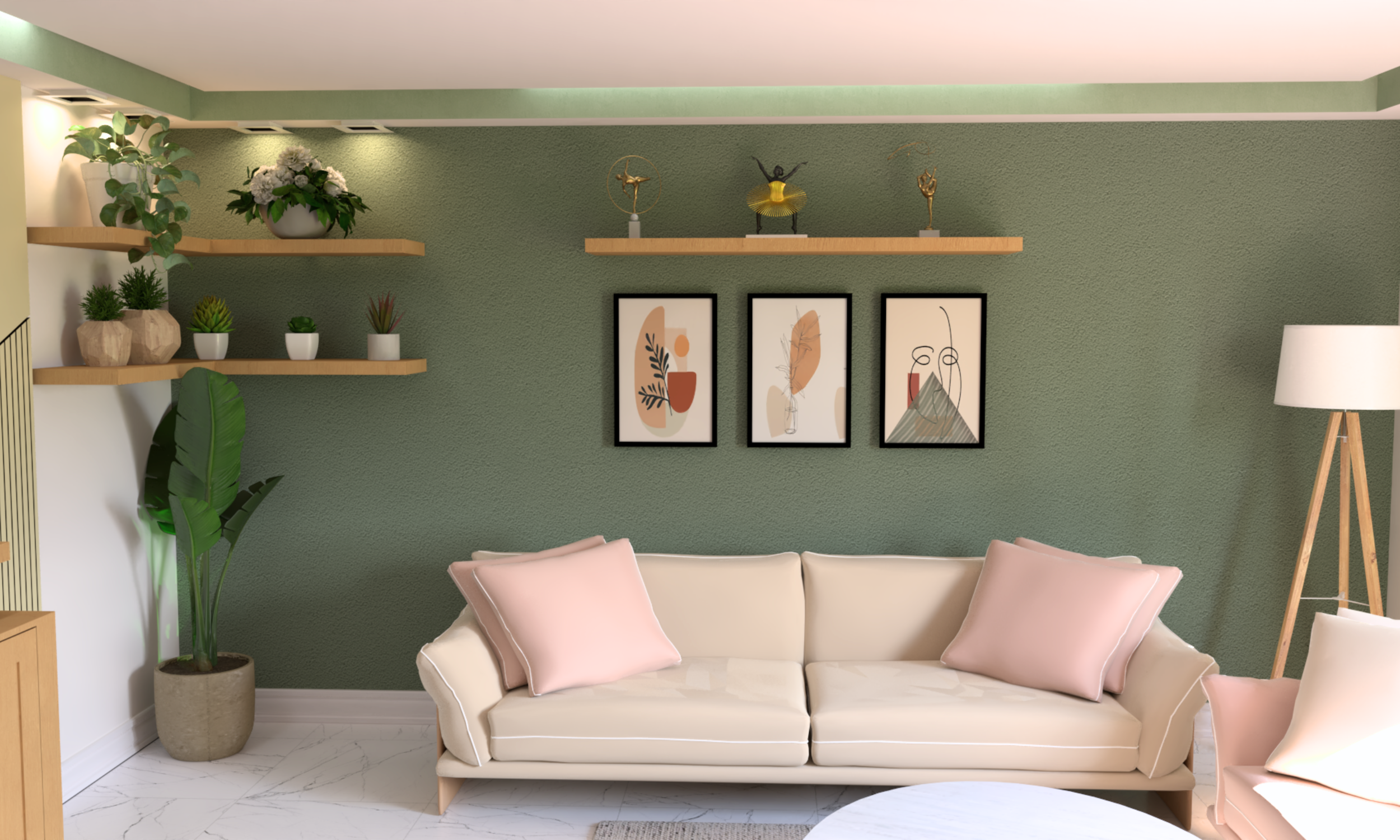 3D visual example of MDF shelving and built-in storage in an alcove space.