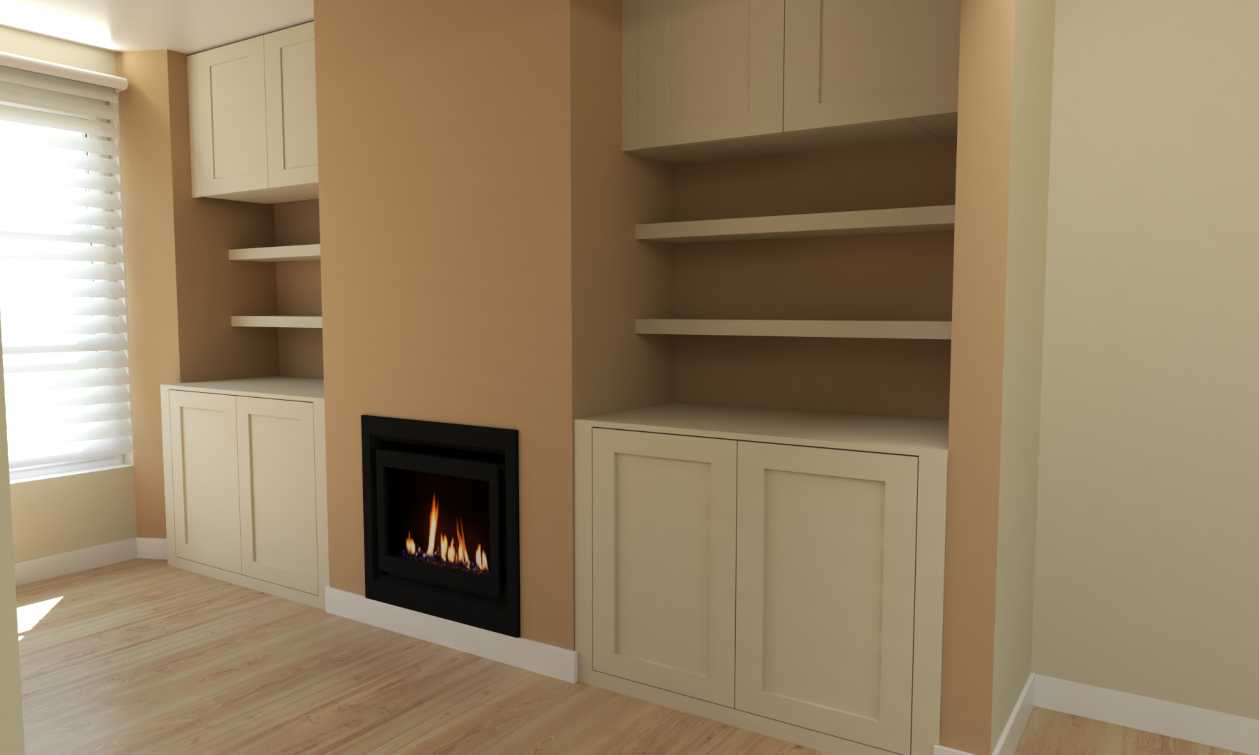3D visual example of made-to-measure MDF cupboards and shelves in a room setting.
