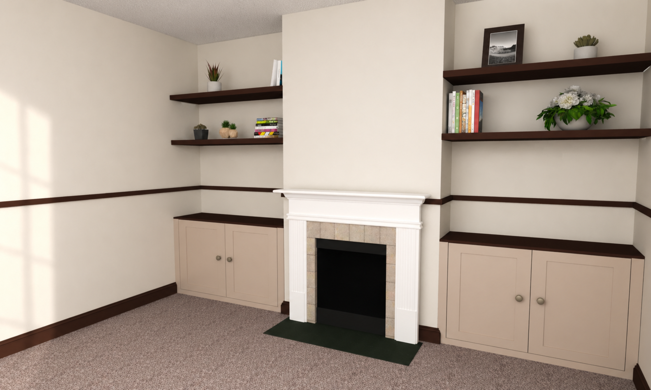 3D visual example of made-to-measure MDF cupboards and shelves in a room setting.