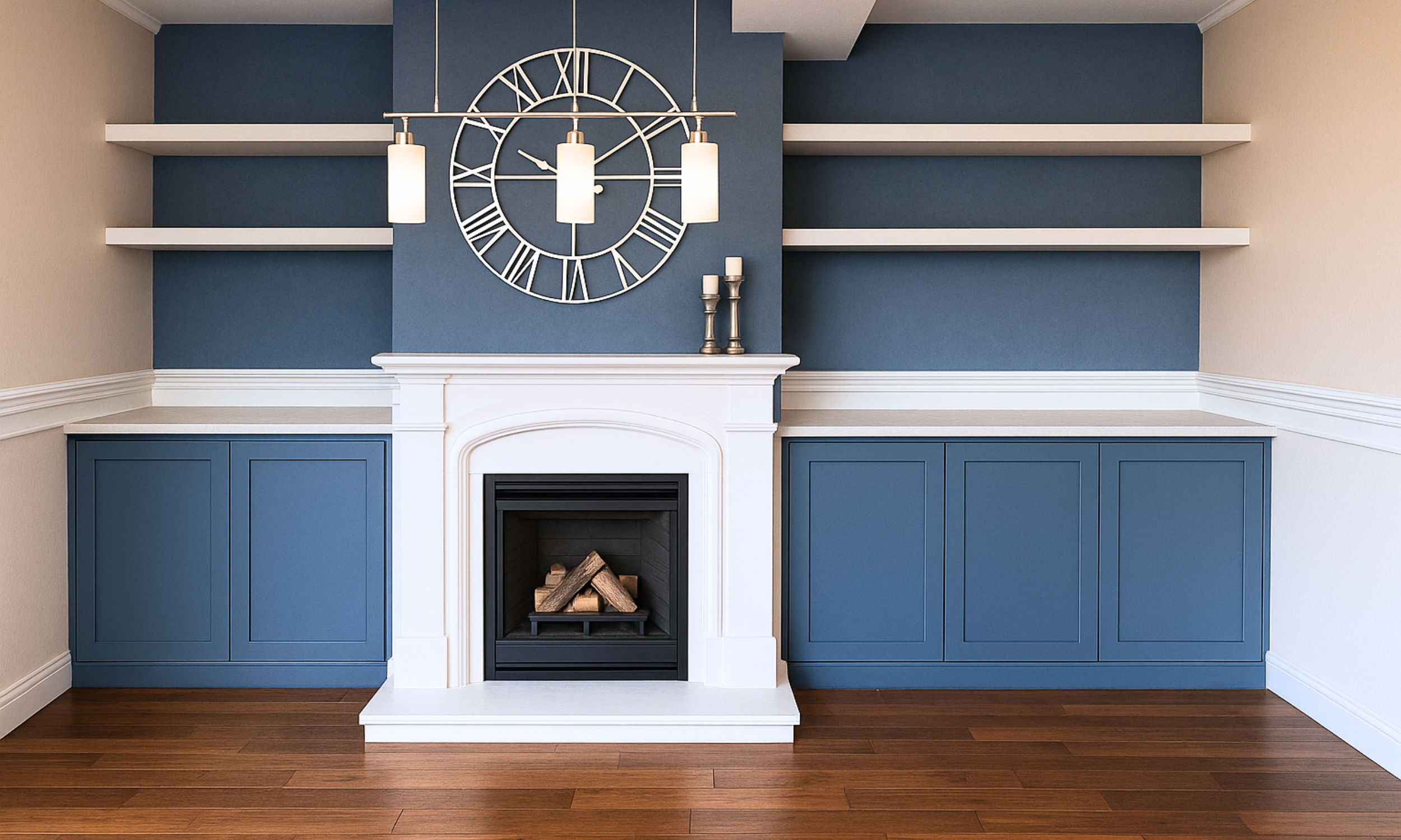 3D visual example of made-to-measure MDF cupboards and shelves in a room setting.