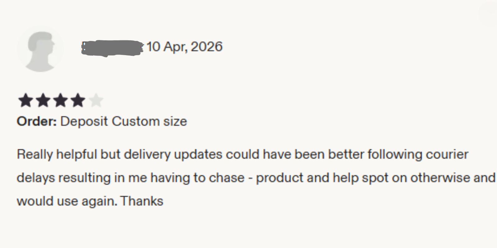 Customer review for a made-to-measure MDF furniture order by HDCraftArt.