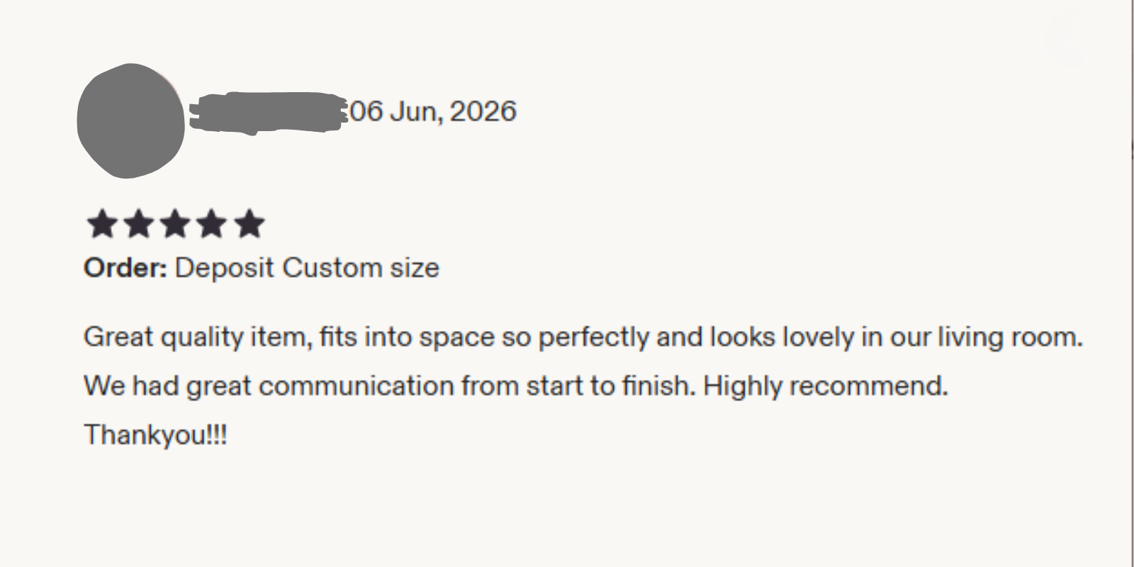 Five-star Etsy customer review for a made-to-measure MDF furniture order by HDCraftArt.