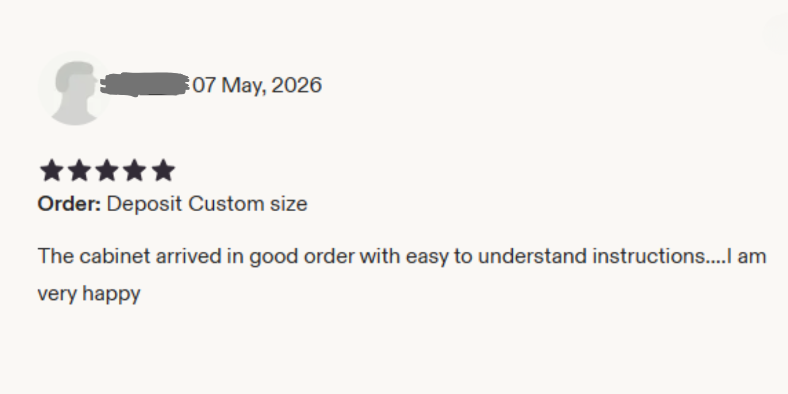 Five-star Etsy customer review for a custom MDF cabinet order by HDCraftArt.