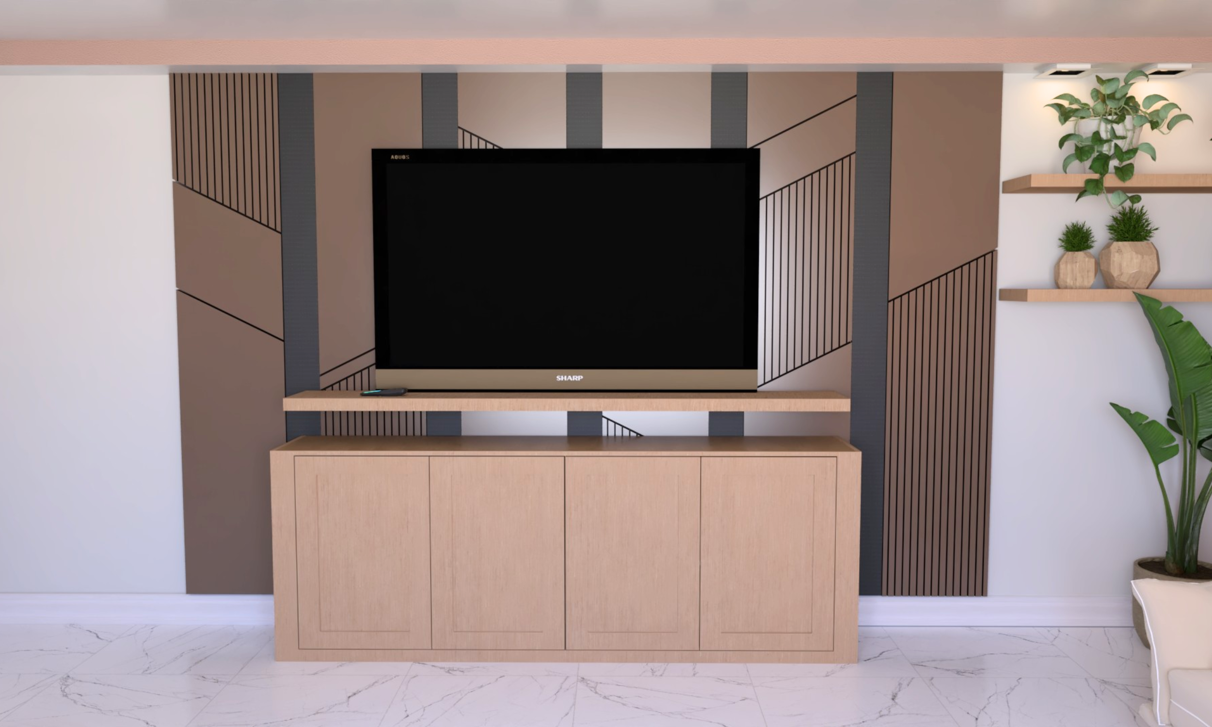 3D visual example of a made-to-measure MDF TV and storage wall design.