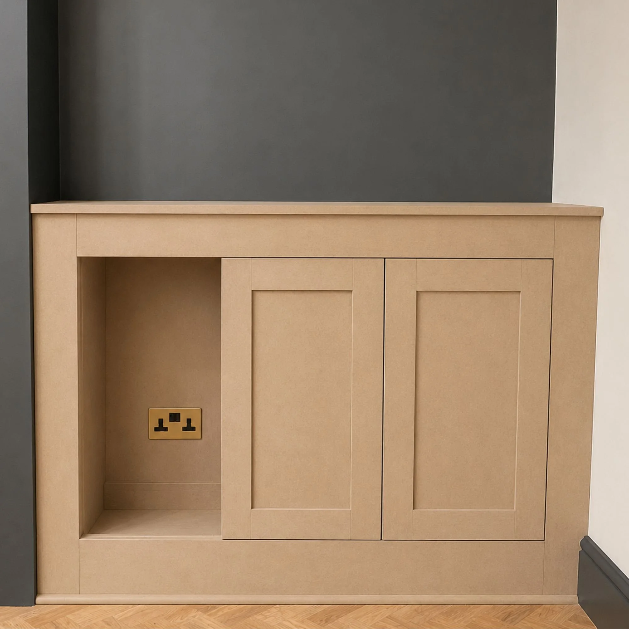 alcove cupboard with log storage made to measure