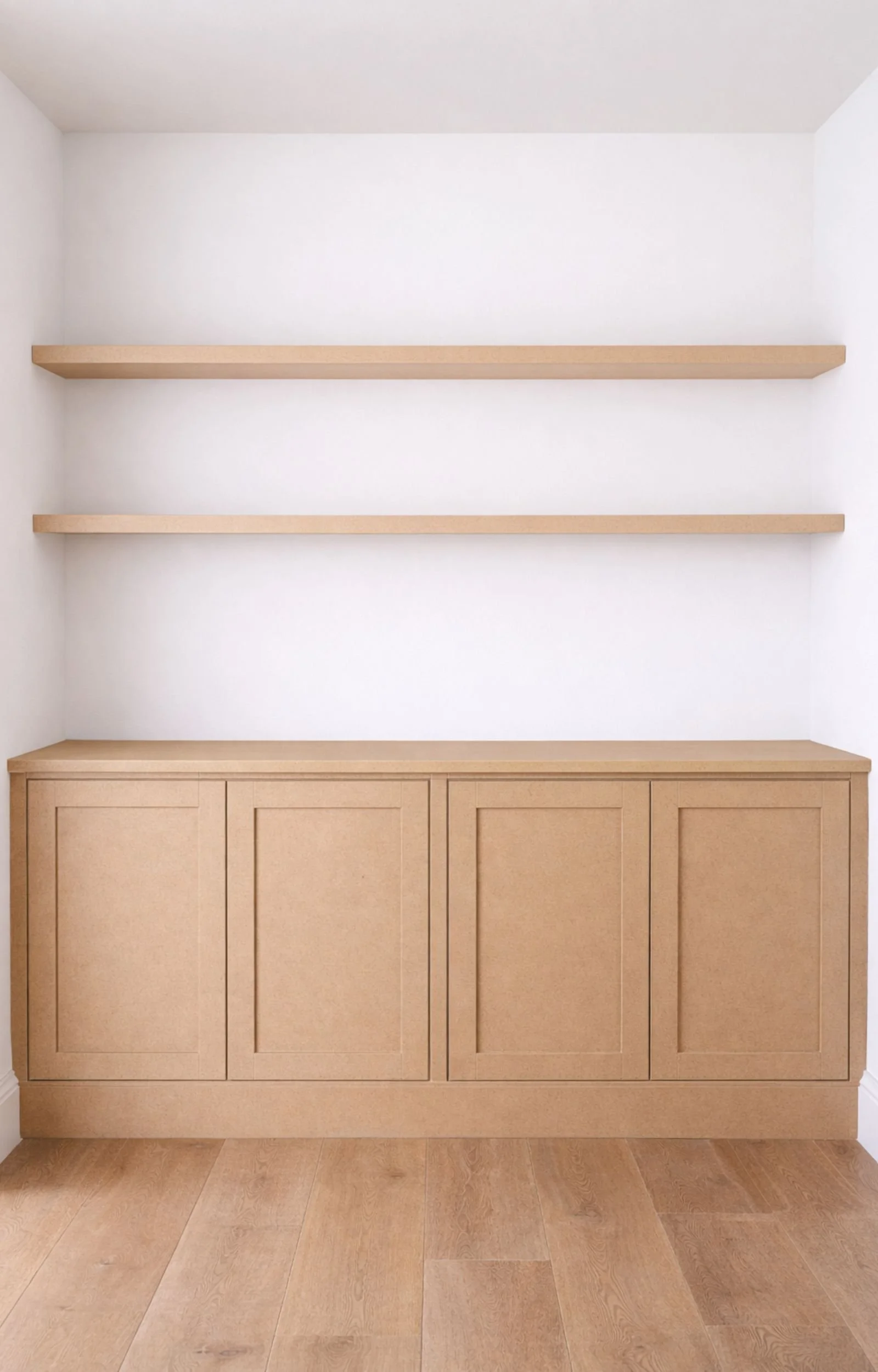 Made-to-measure MDF alcove cupboard with open shelves above, supplied unfinished and ready for painting.