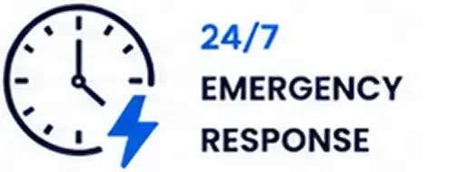 Clock showing 3:00 with text '24/7 Emergency Response' and a blue lightning bolt.