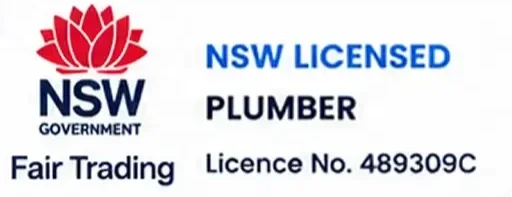 New South Wales licensed plumber license with license number 489309C issued by the NSW Government, featuring a red flower symbol, and indicating fair trading.